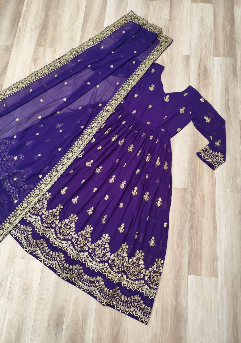 Violet Embroidered Georgette Anarkali With Dupatta - Indya
