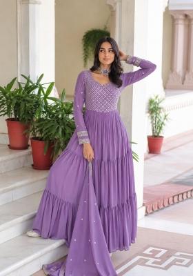 Lavender Embroidered Georgette Anarkali With Dupatta