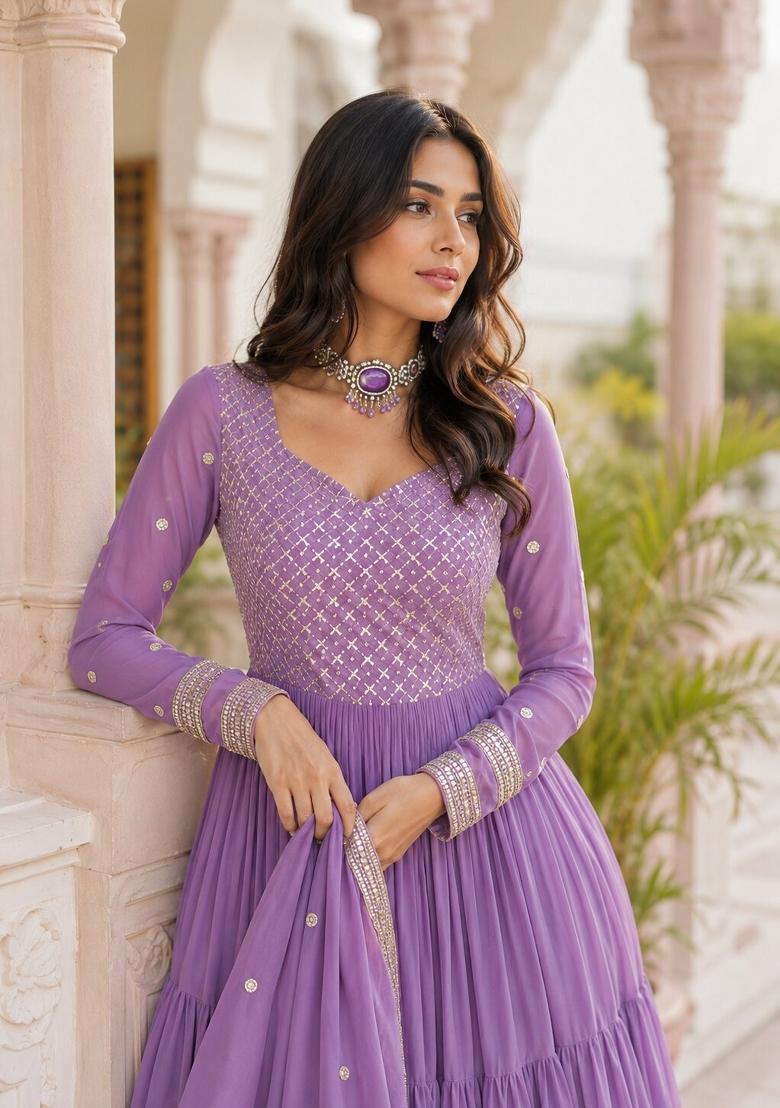 Lavender Embroidered Georgette Anarkali With Dupatta - Indya