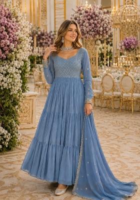 Blue Embroidered Georgette Anarkali With Dupatta