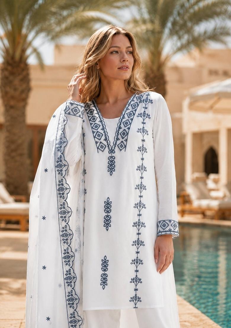 Blue Embroidered Georgette Kurta Set - Indya
