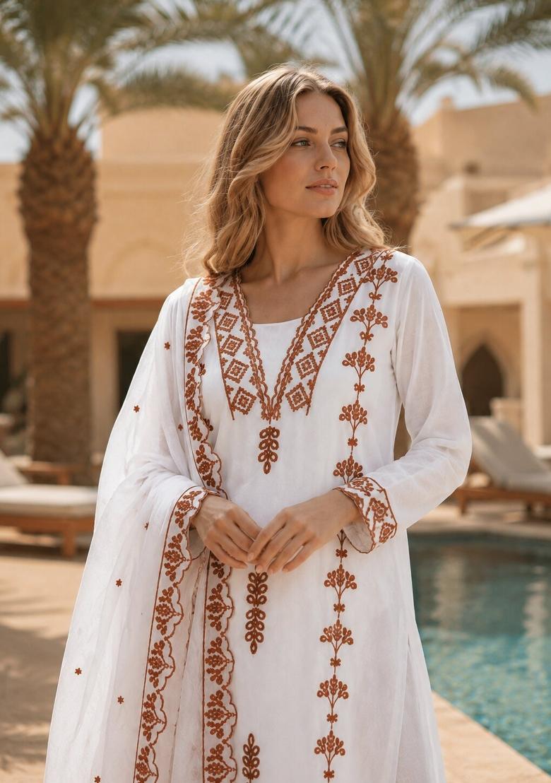 Brown Embroidered Georgette Kurta Set - Indya