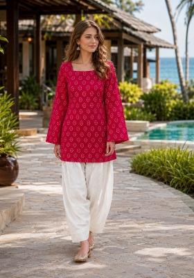Red Floral Print Cotton Kurta Set