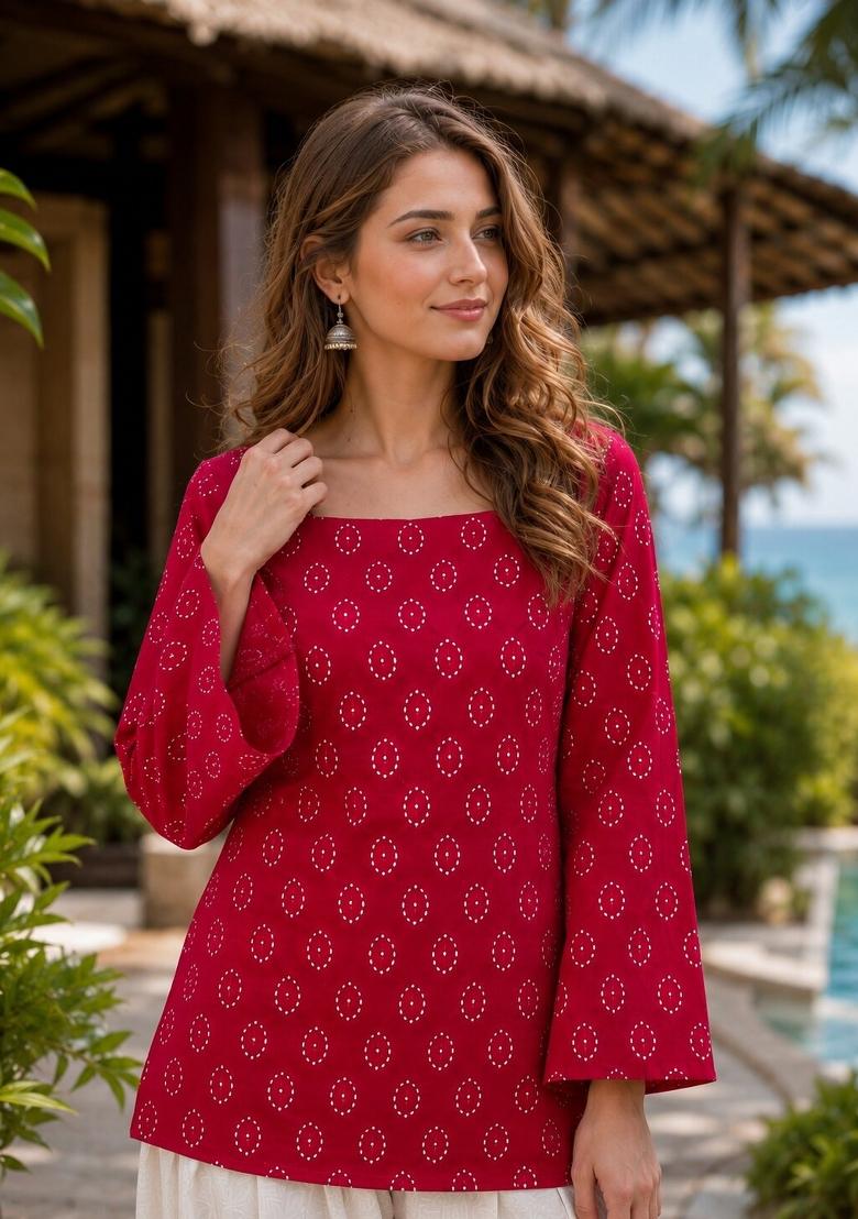 Red Floral Print Cotton Kurta Set - Indya