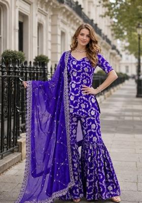 Royal Blue Embroidered Viscose Kurta Set