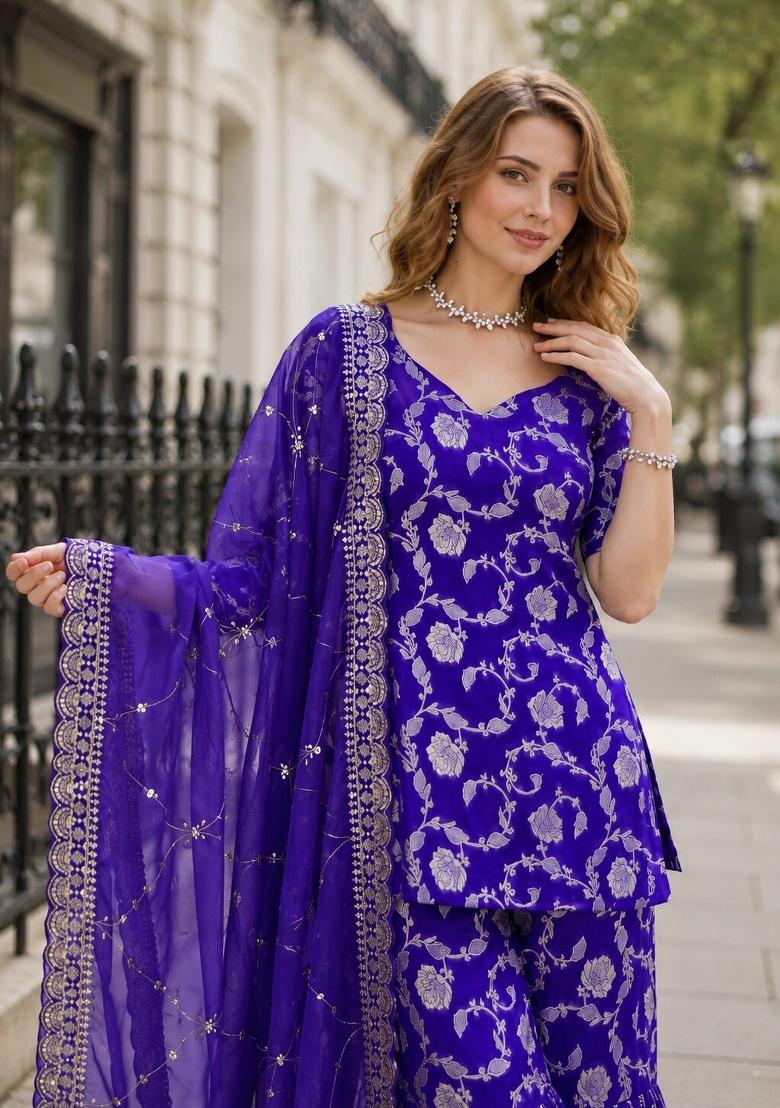 Royal Blue Embroidered Viscose Kurta Set - Indya