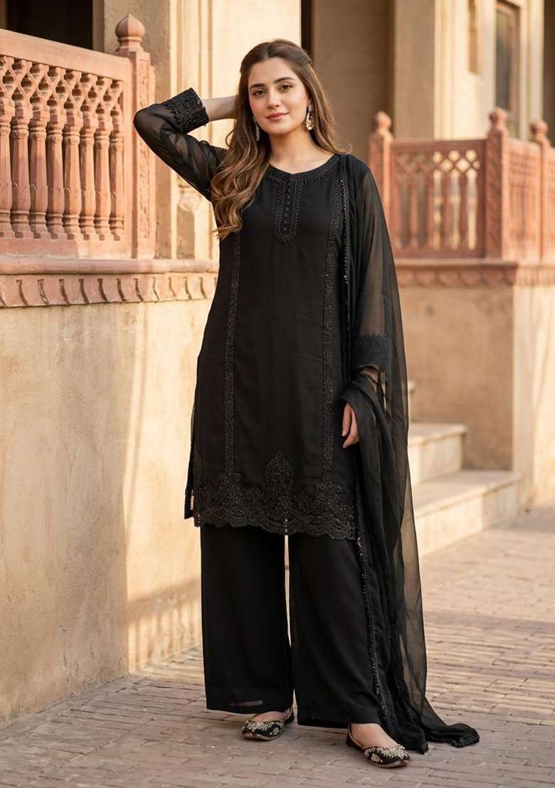 Black Embroidered Georgette Salwar Suit - Indya