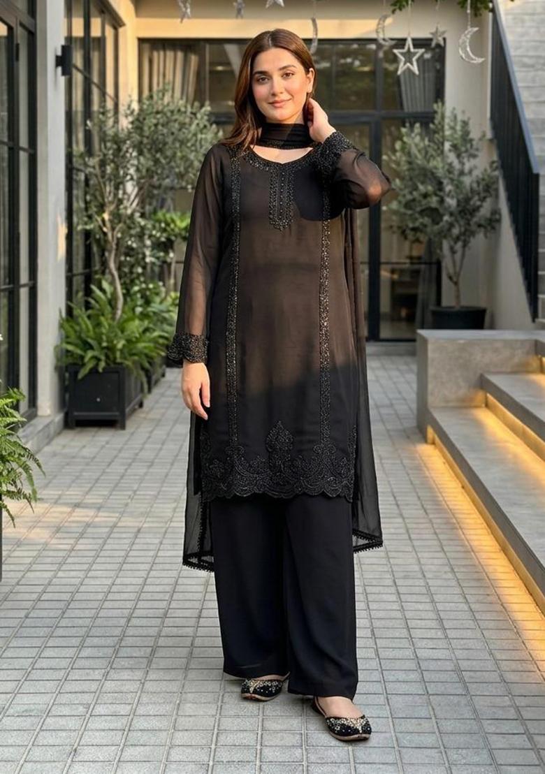 Black Embroidered Georgette Salwar Suit - Indya