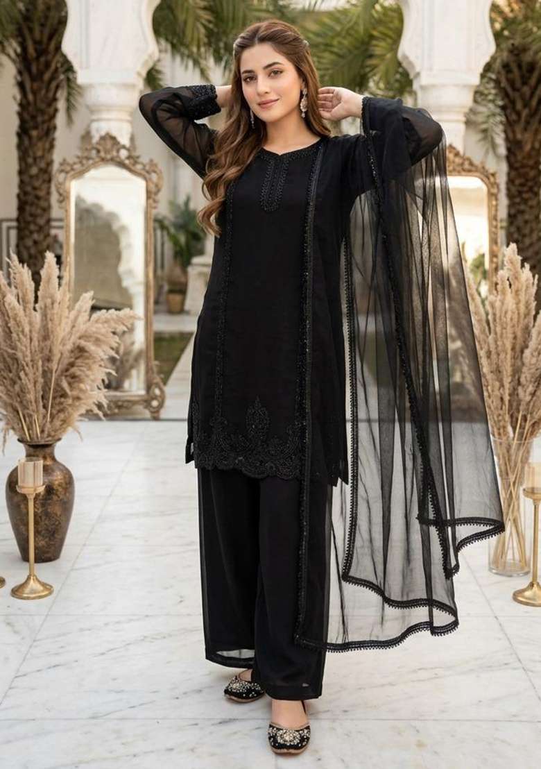 Black Embroidered Georgette Salwar Suit - Indya
