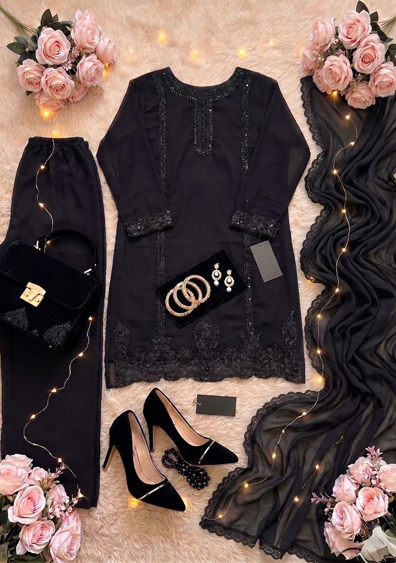 Black Embroidered Georgette Salwar Suit - Indya