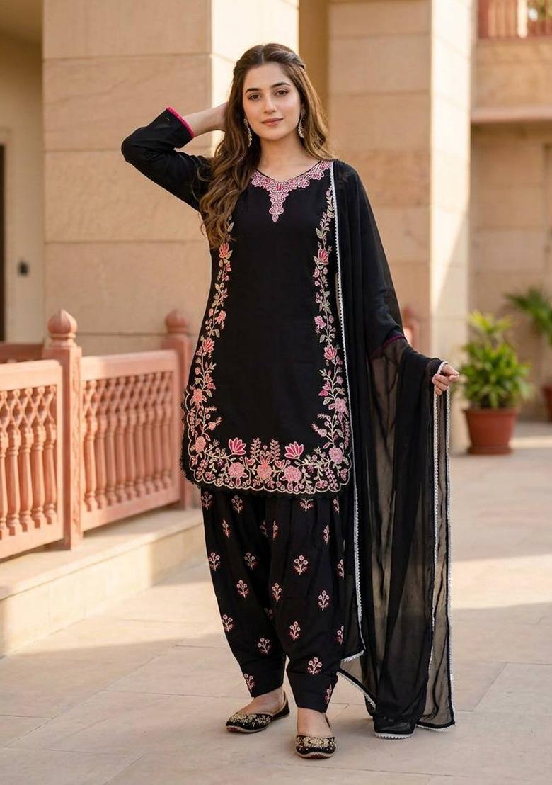 Black Embroidered Silk Salwar Suit - Indya