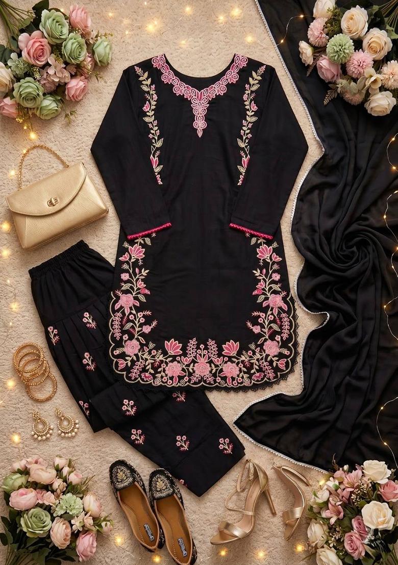 Black Embroidered Silk Salwar Suit - Indya