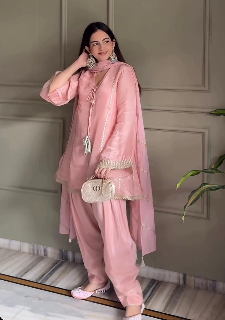 Lite Pink Embroidered Silk Farshi Salwar - Indya