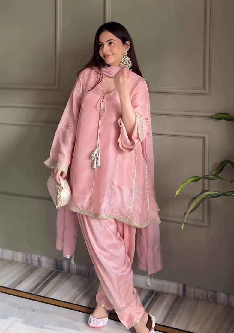 Lite Pink Embroidered Silk Farshi Salwar - Indya