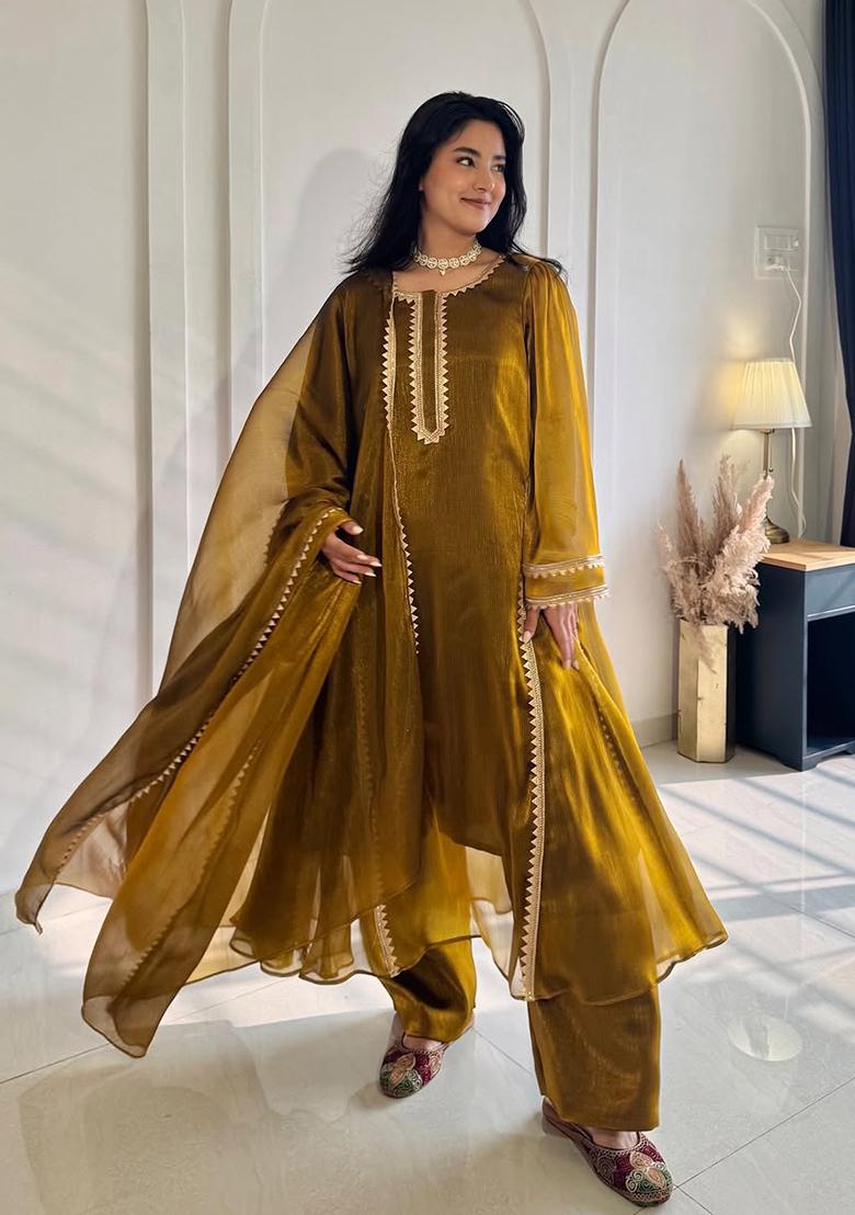 Golden Mehendi Embroidered Silk Anarkali Set - Indya