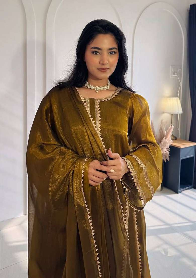 Golden Mehendi Embroidered Silk Anarkali Set - Indya