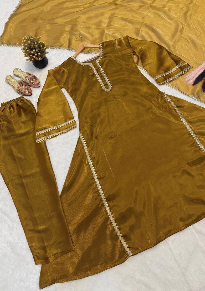 Golden Mehendi Embroidered Silk Anarkali Set - Indya