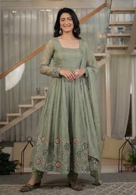Mehendi Embroidered Silk Anarkali Set