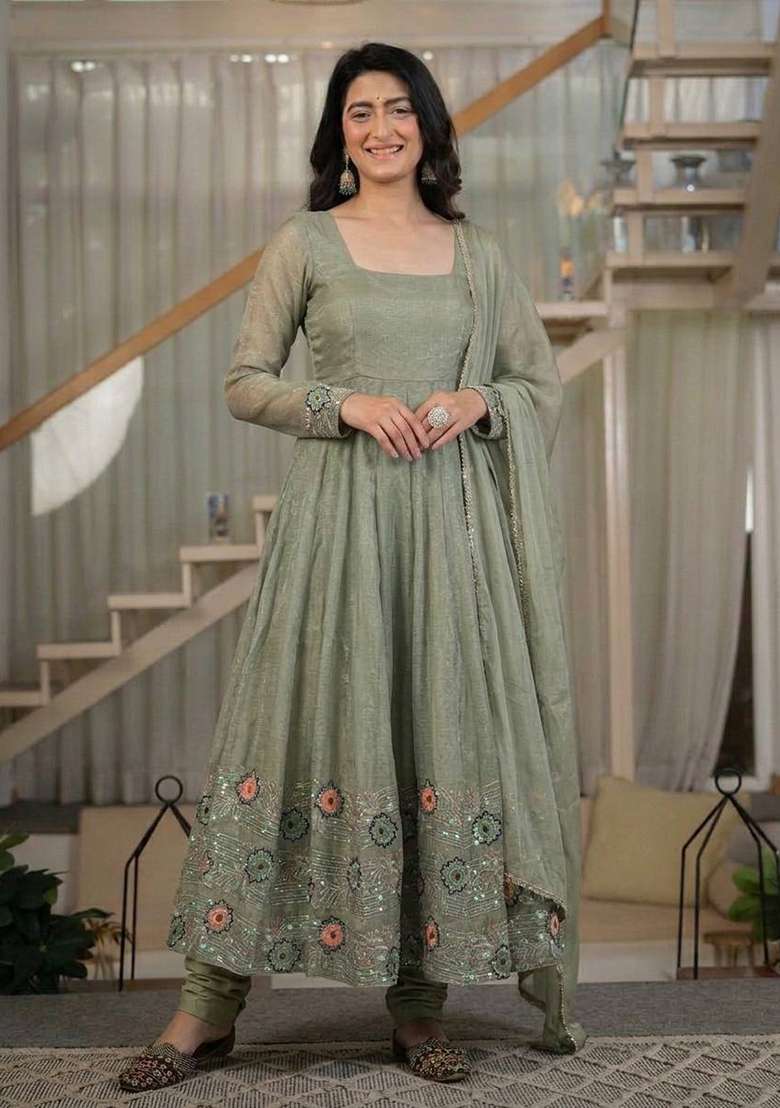 Mehendi Embroidered Silk Anarkali Set - Indya