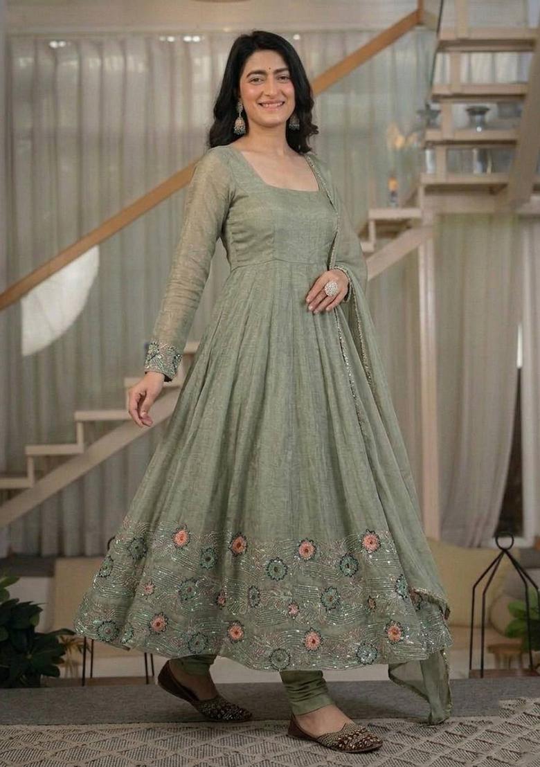 Mehendi Embroidered Silk Anarkali Set - Indya