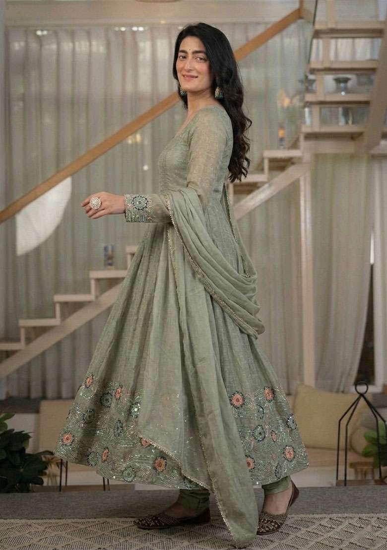 Mehendi Embroidered Silk Anarkali Set - Indya
