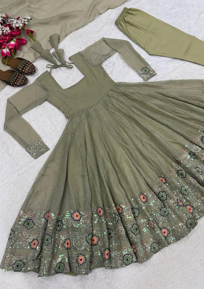 Mehendi Embroidered Silk Anarkali Set - Indya