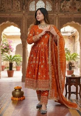 Orange Embroidered Silk Salwar Suit