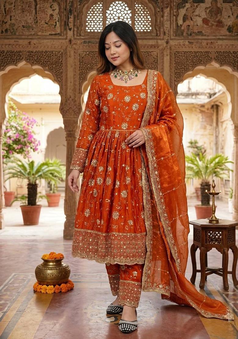 Orange Embroidered Silk Salwar Suit - Indya