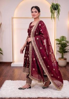 Wine Embroidered Silk Salwar Suit