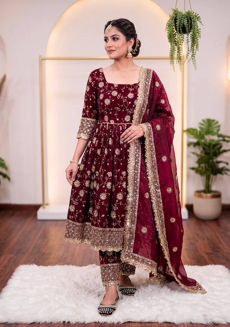 Wine Embroidered Silk Salwar Suit - Indya