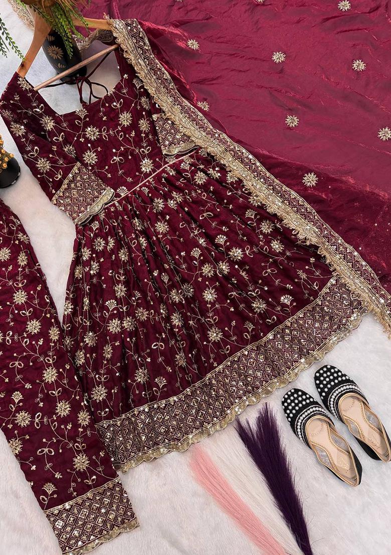 Wine Embroidered Silk Salwar Suit - Indya