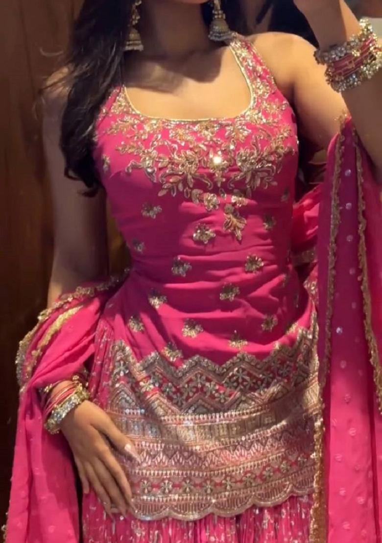 Pink Embroidered Silk Salwar Suit - Indya