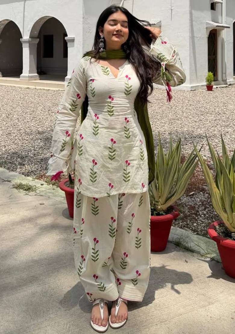 White Embroidered Cotton Salwar Suit - Indya