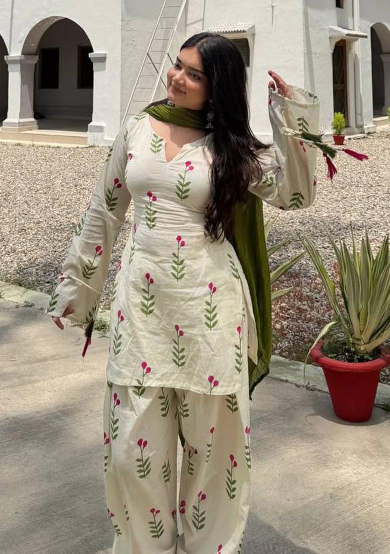 White Embroidered Cotton Salwar Suit - Indya