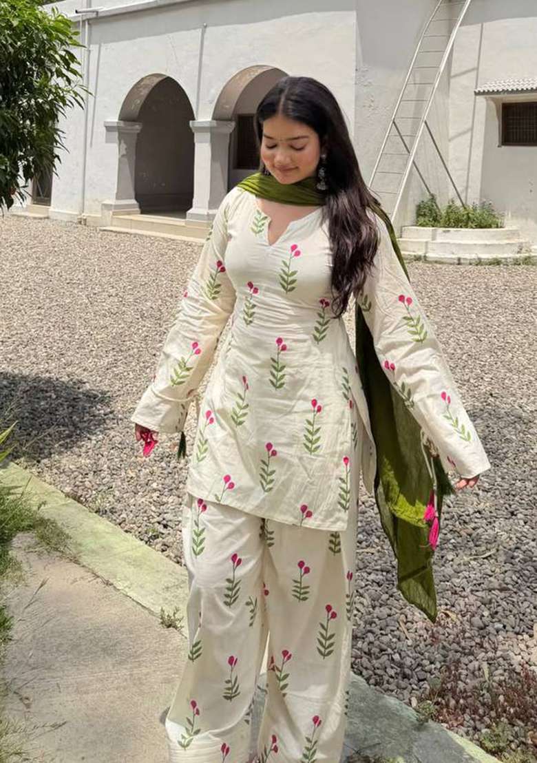 White Embroidered Cotton Salwar Suit - Indya