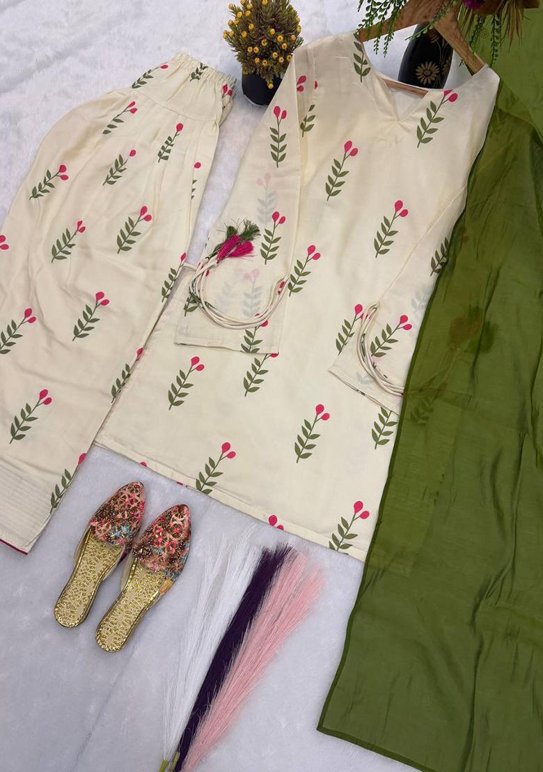 White Embroidered Cotton Salwar Suit - Indya
