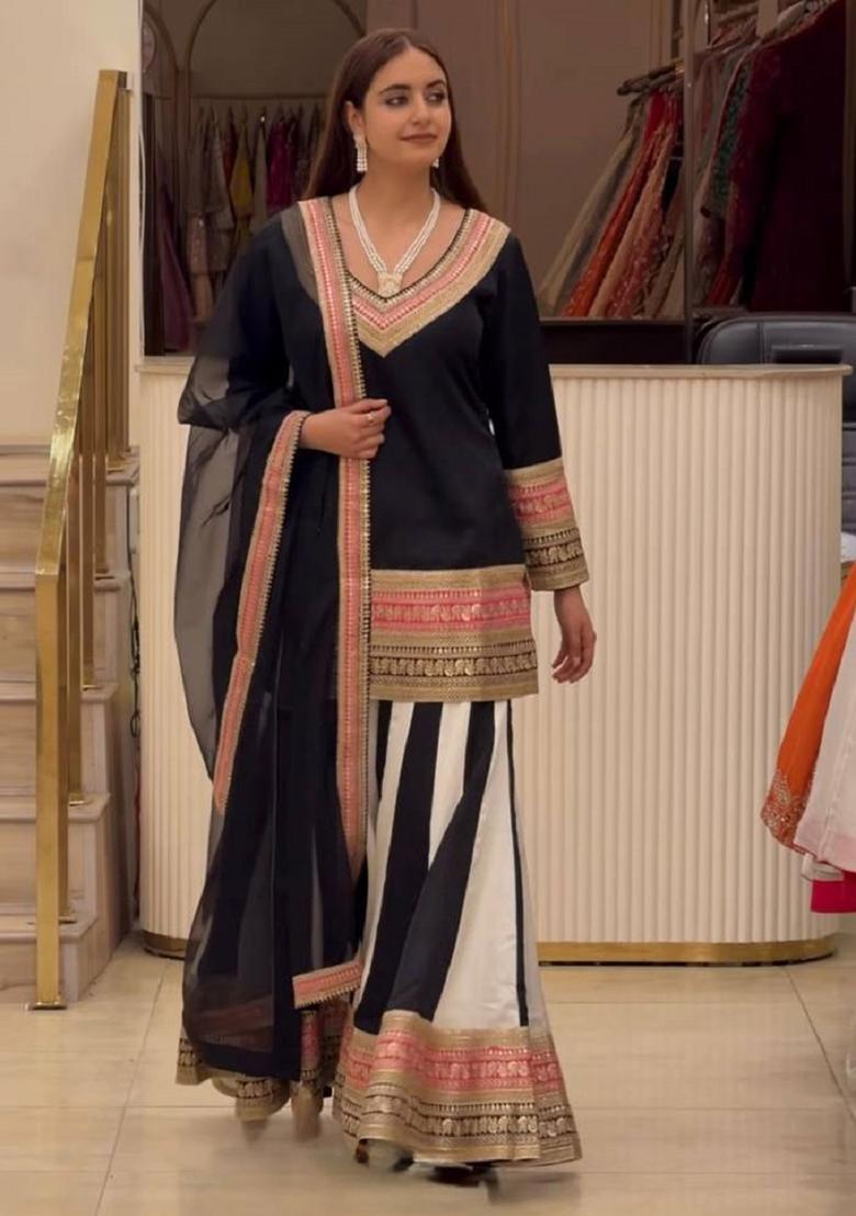 Black Embroidered Silk Sharara Set - Indya