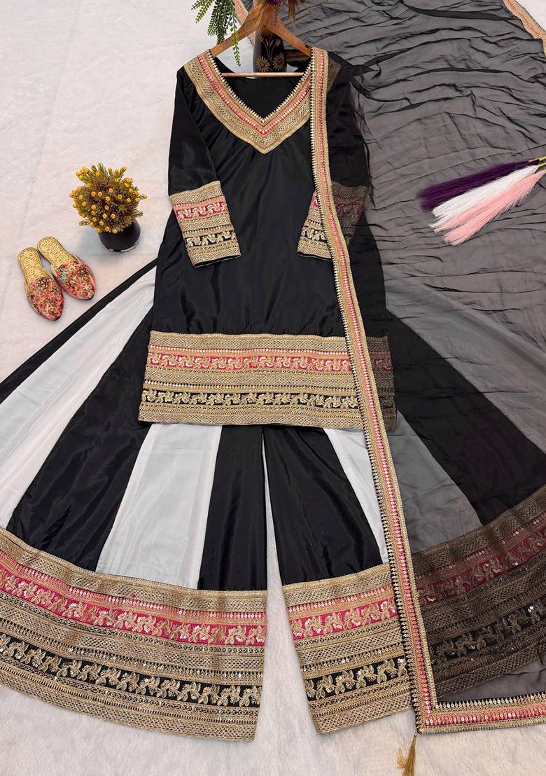 Black Embroidered Silk Sharara Set - Indya
