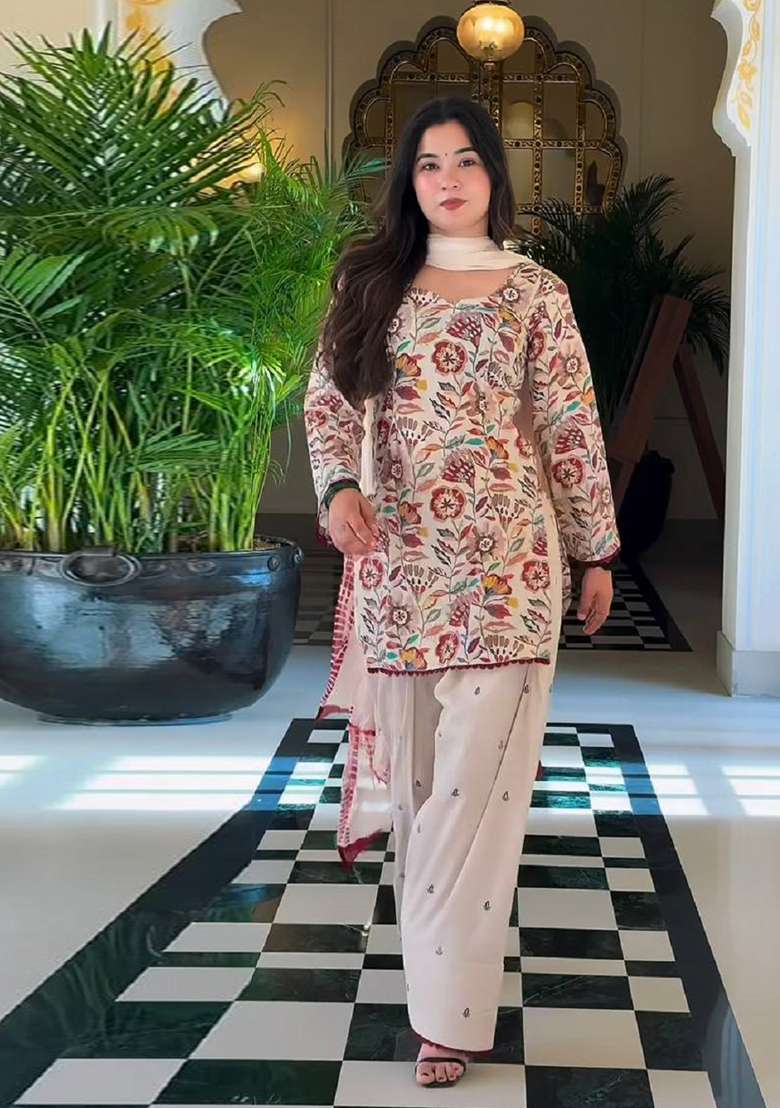 White Embroidered Cotton Salwar Suit - Indya