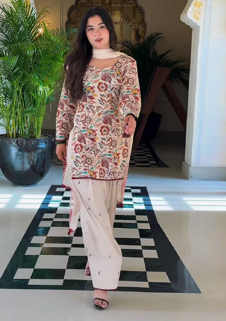 White Embroidered Cotton Salwar Suit - Indya