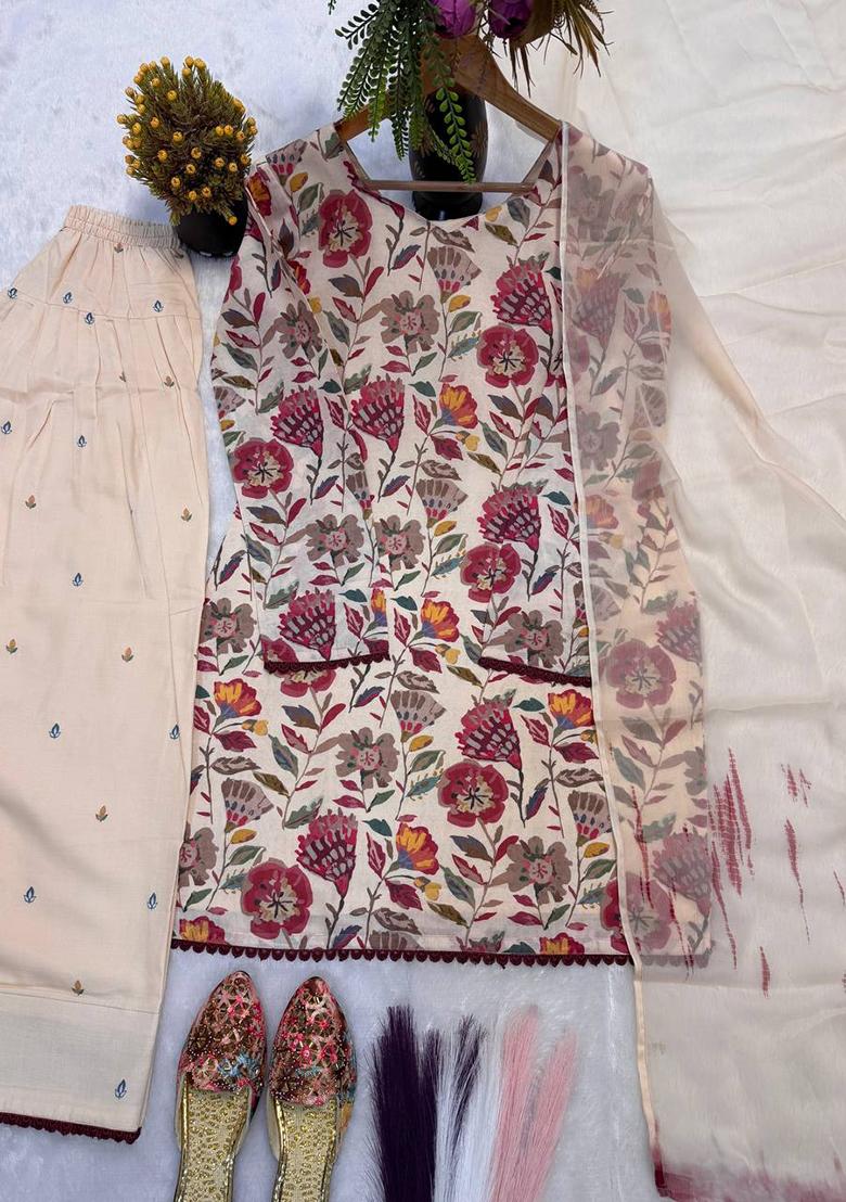 White Embroidered Cotton Salwar Suit - Indya