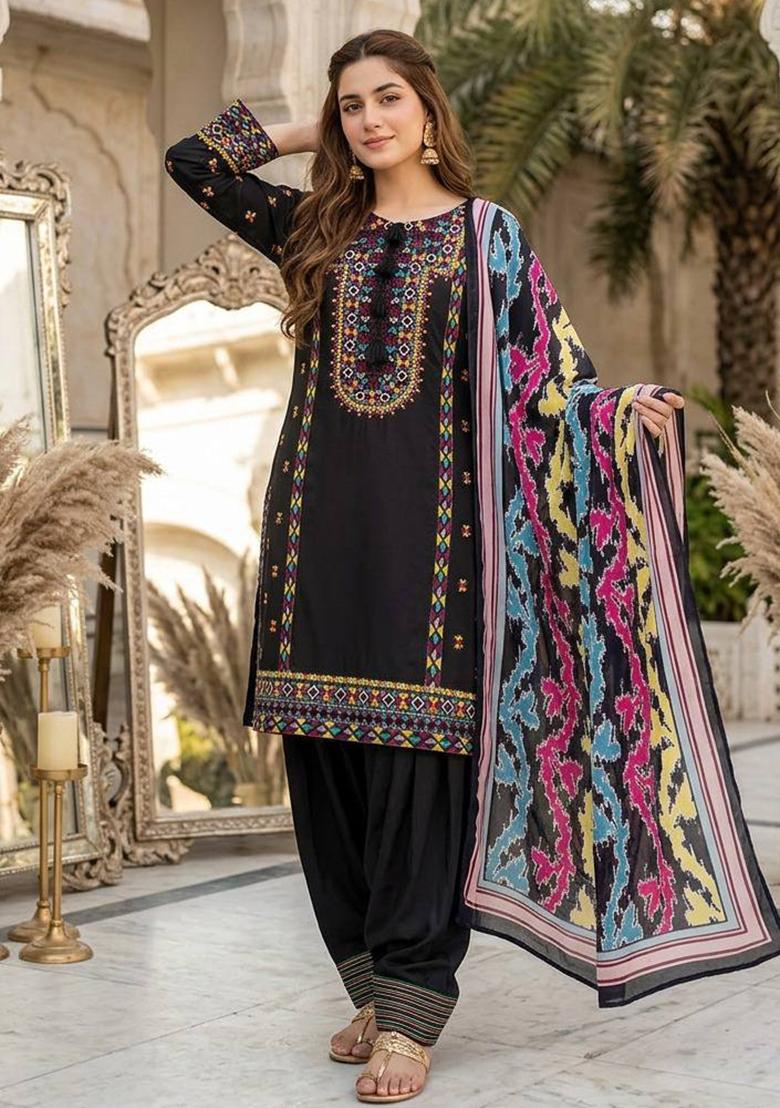 Black Embroidered Silk Salwar Suit - Indya