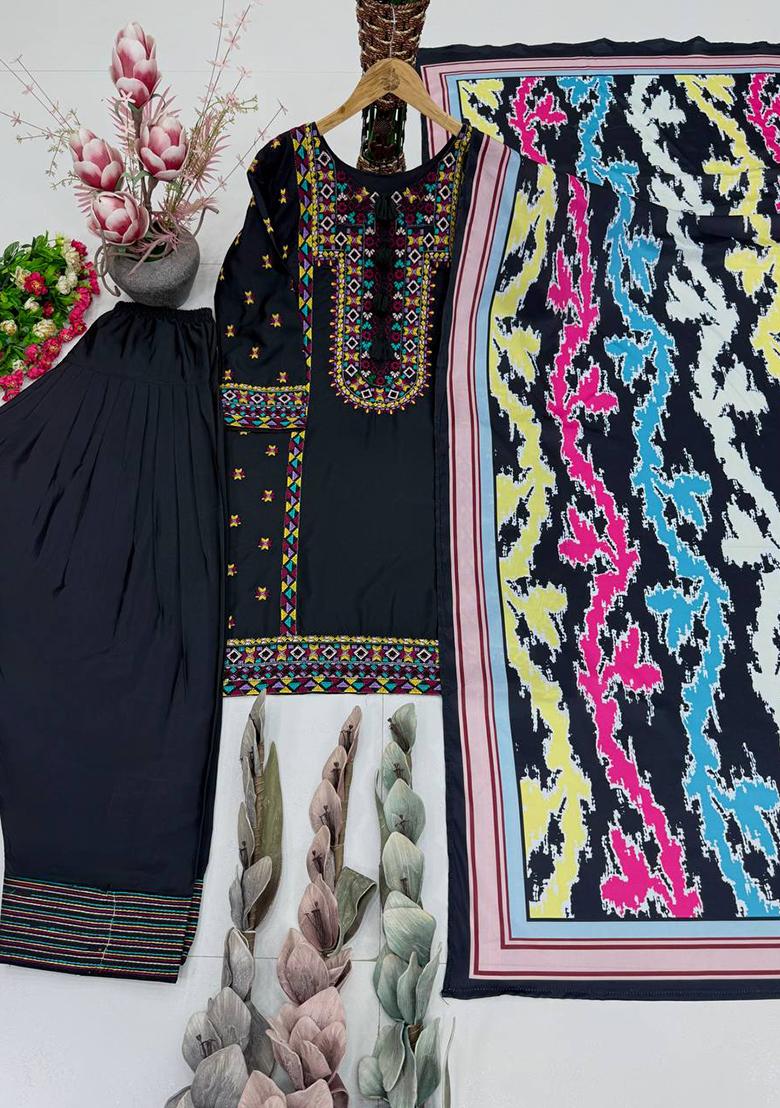 Black Embroidered Silk Salwar Suit - Indya