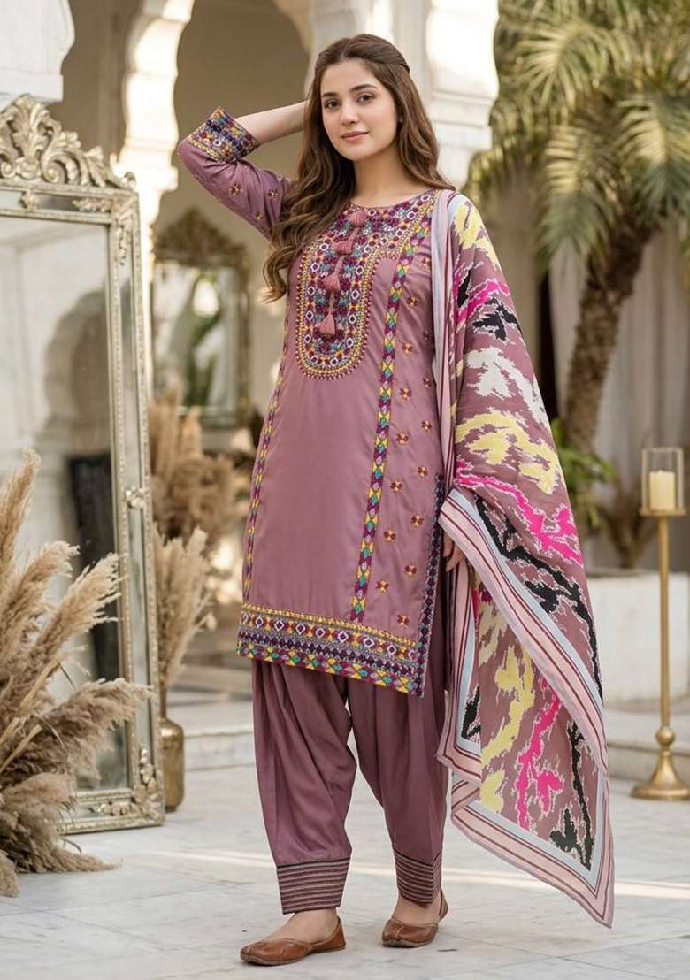 Lavender Embroidered Silk Salwar Suit - Indya