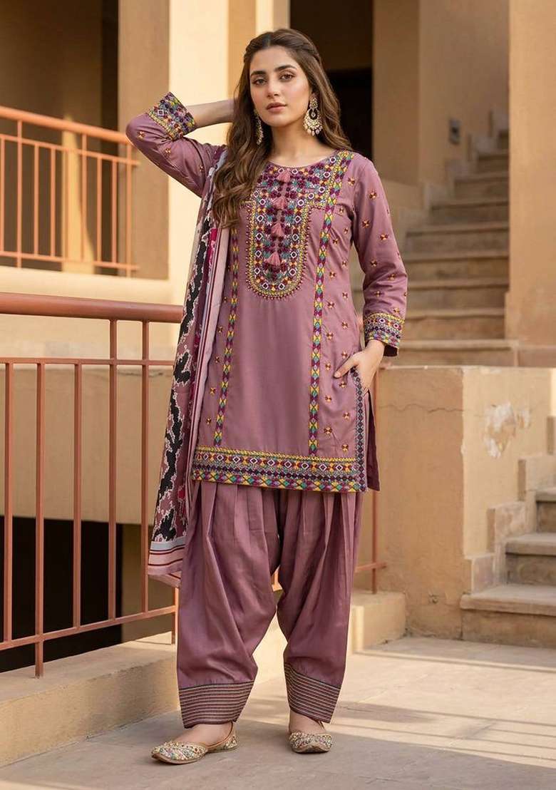 Lavender Embroidered Silk Salwar Suit - Indya