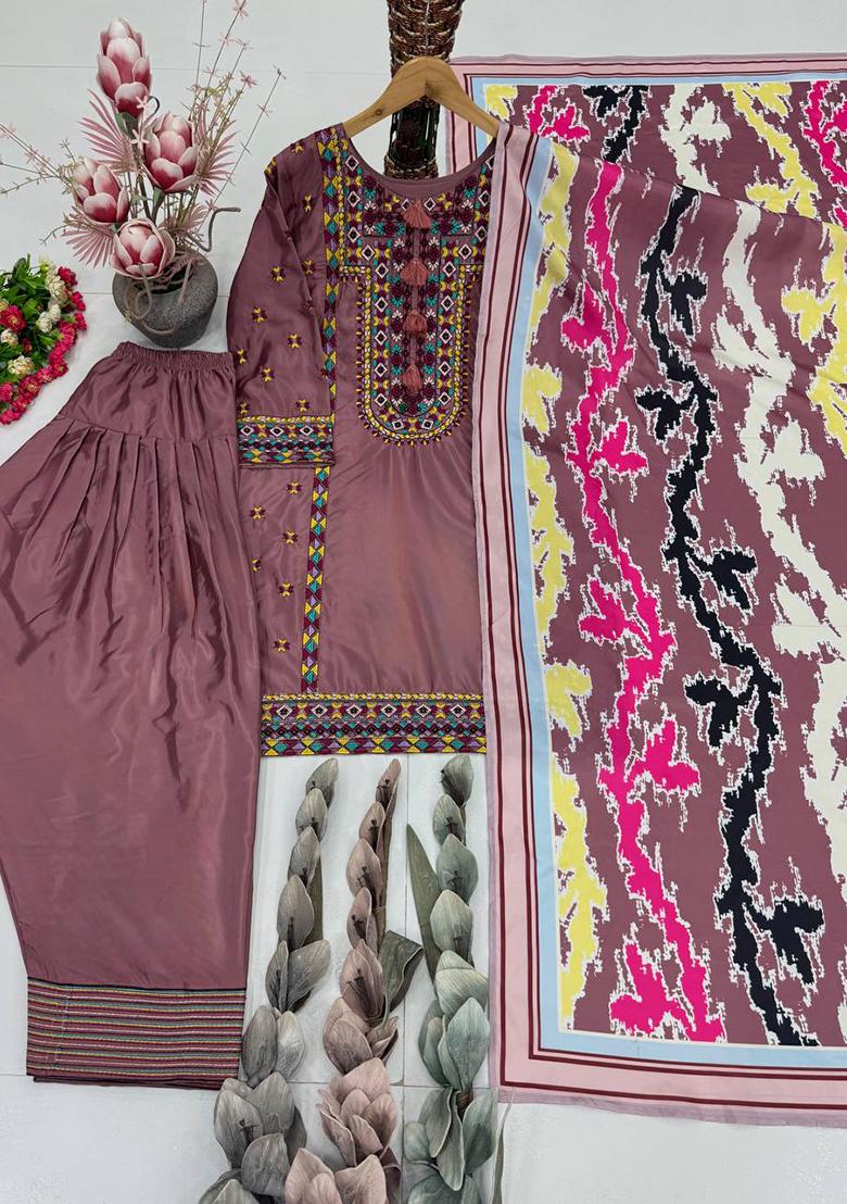 Lavender Embroidered Silk Salwar Suit - Indya