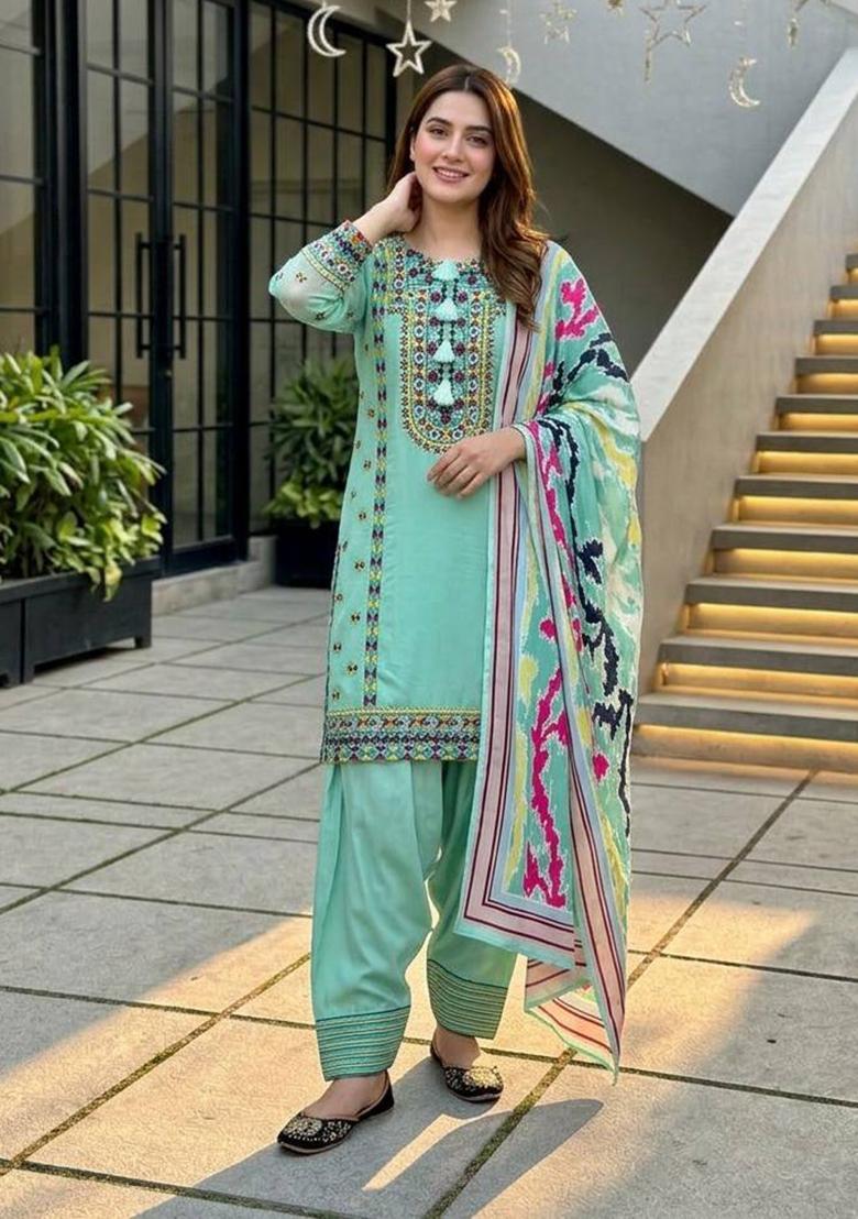 Sky Rama Embroidered Silk Salwar Suit - Indya