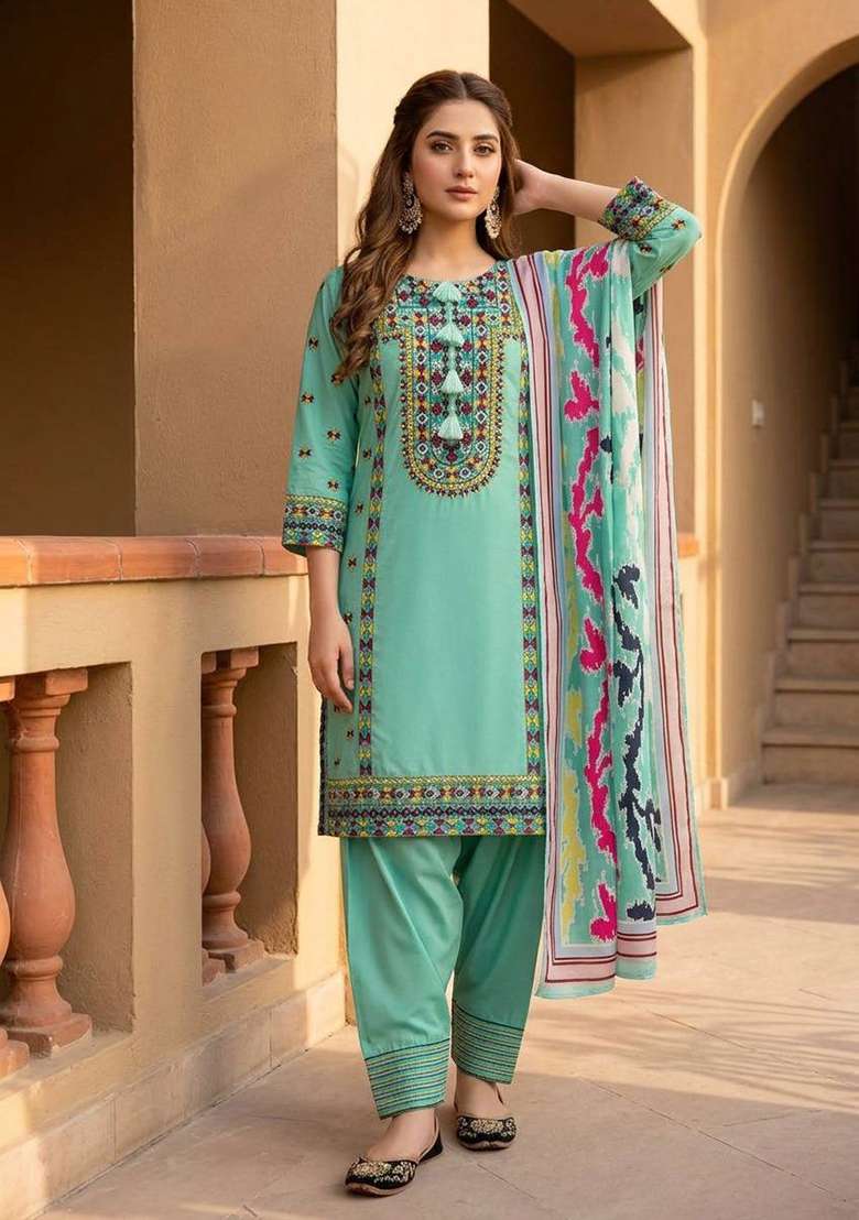 Sky Rama Embroidered Silk Salwar Suit - Indya