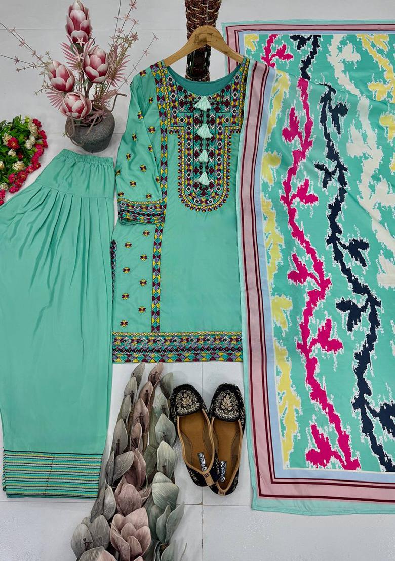 Sky Rama Embroidered Silk Salwar Suit - Indya