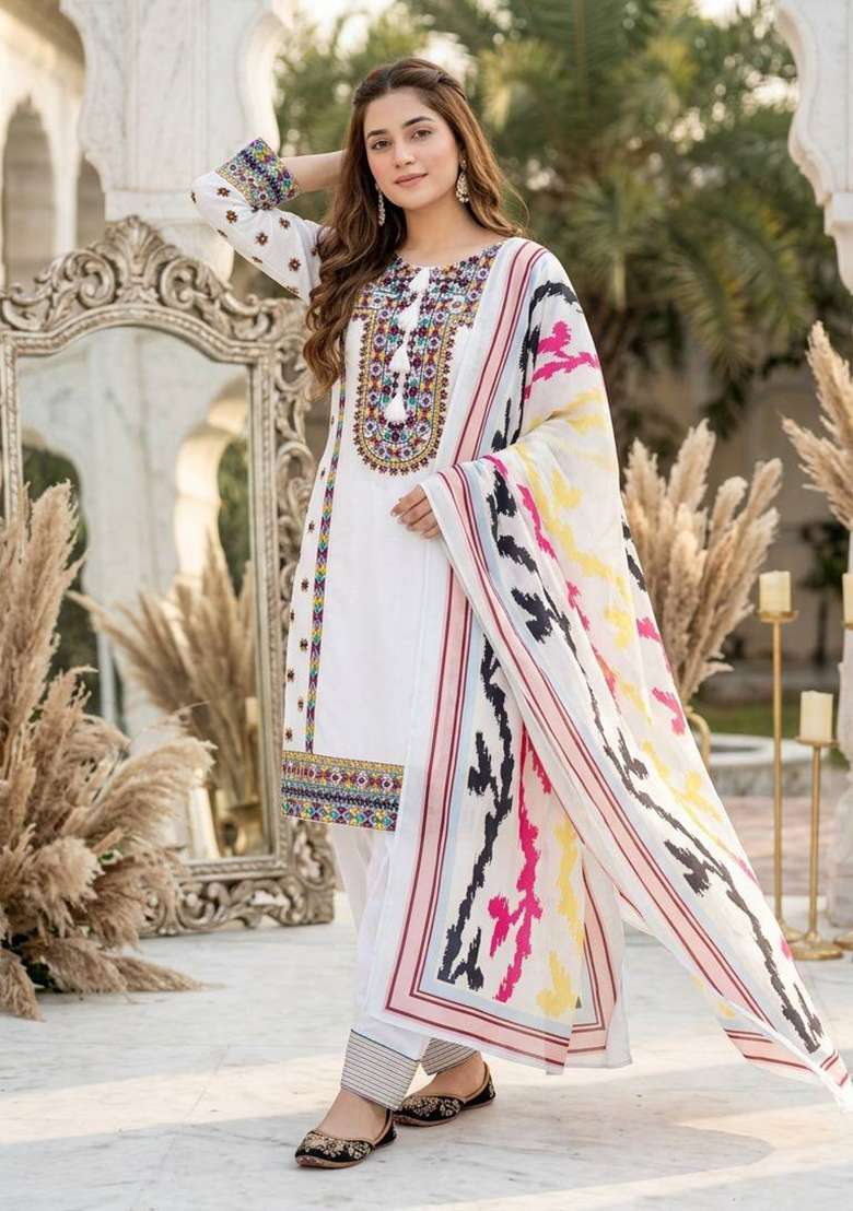White Embroidered Silk Salwar Suit - Indya